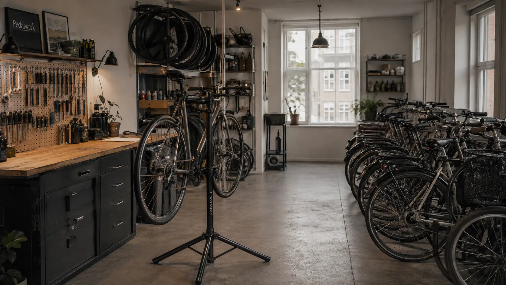stemningsbillede af cykelværksted uden medarbejder, men fyldt med cykler