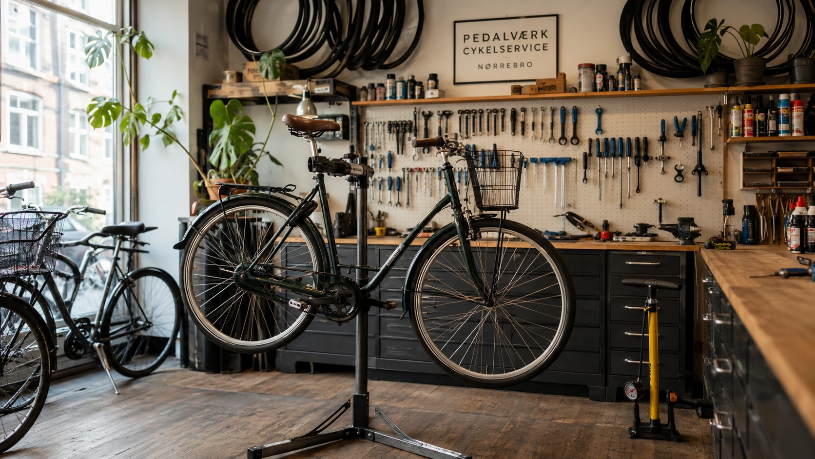 Cykel på servicestander i Pedalværks cykelværksted på Nørrebro