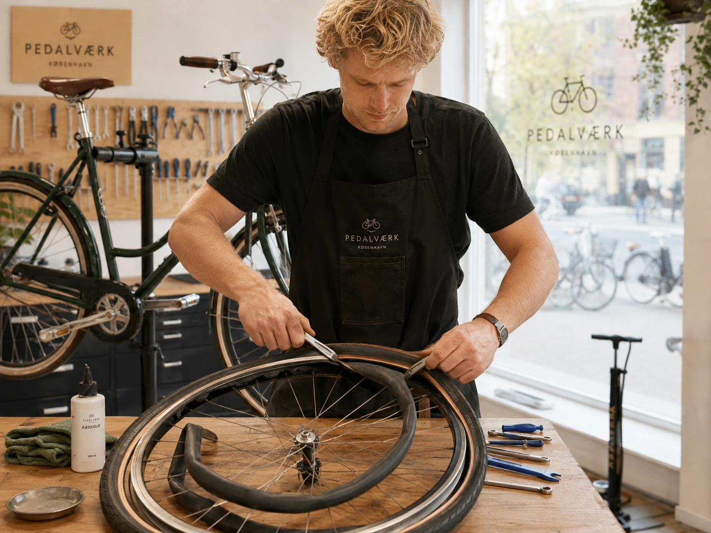Cykelmekaniker tager dæk og slange af et cykelhjul for at lappe punktering