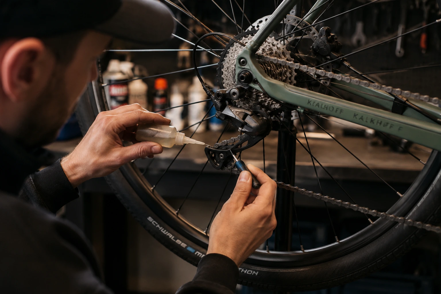 Cykelmekaniker justerer og smører gear på cykel under gearservice